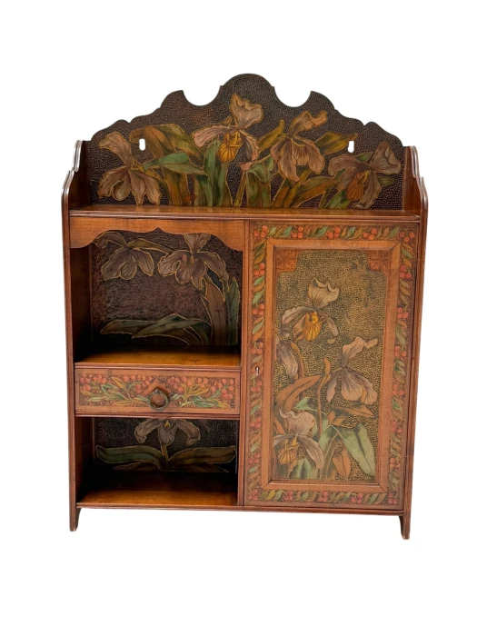Aesthetic Movement Wall Cabinet, Hand-Painted Floral, Walnut, 1890s